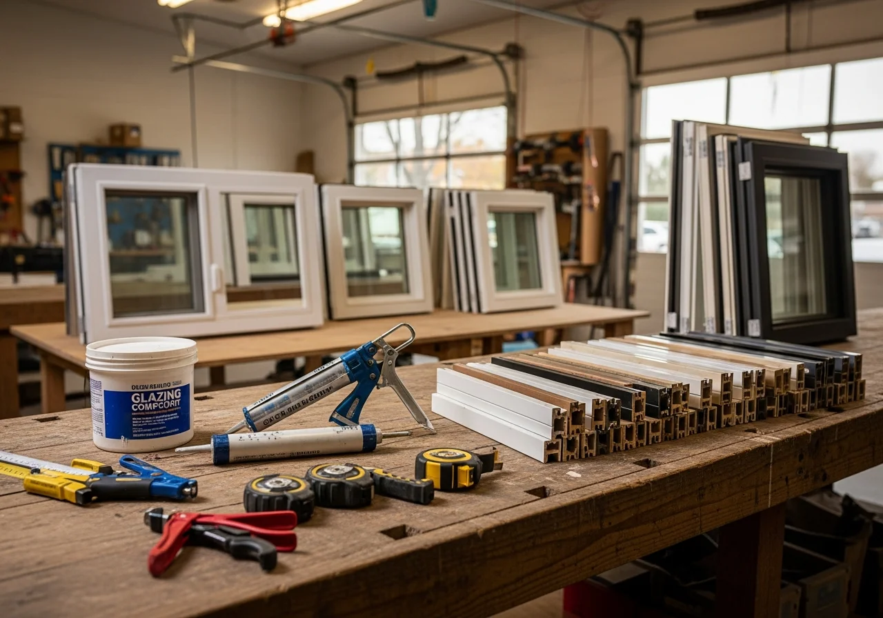 Home improvement contractor tools and materials on a work surface, representing professional window and door installation services.