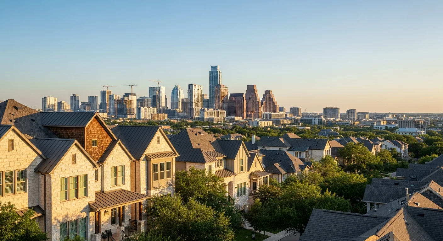 Austin skyline with residential neighborhoods in foreground, showing mix of established homes and newer construction across the city.
