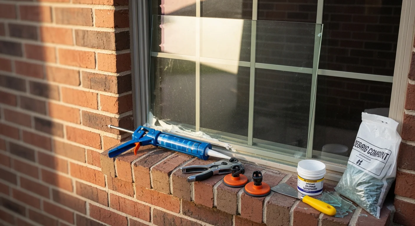 A Windowpros LLC technician replacing a cracked single-pane window on a residential home in Austin, Texas. The repaired window shows clear, undamaged glass fitted cleanly into the existing wooden frame.