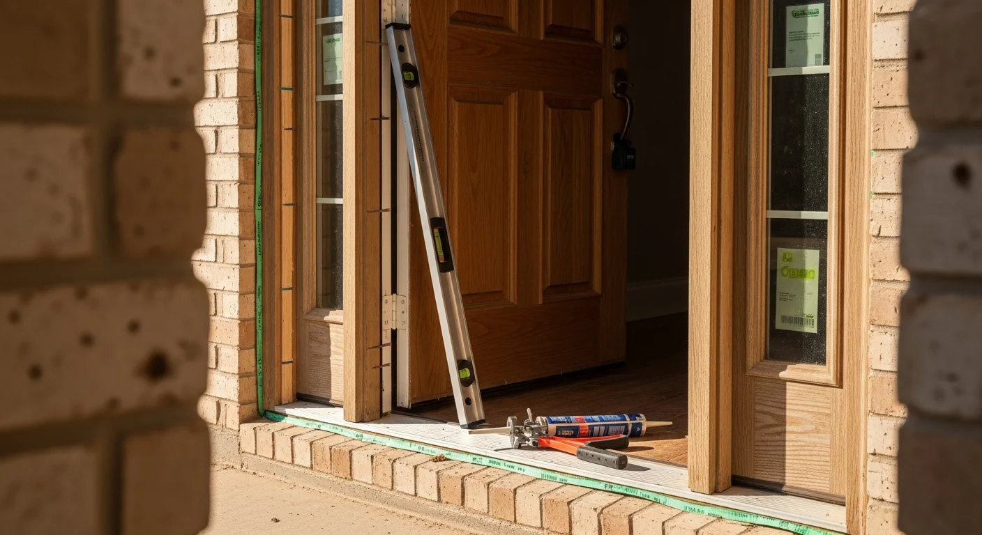 A newly installed exterior entry door on an Austin home, showing a clean frame, tight weatherstripping, and a finished threshold at the front entryway. The surrounding trim is flush and the door closes squarely against the frame.