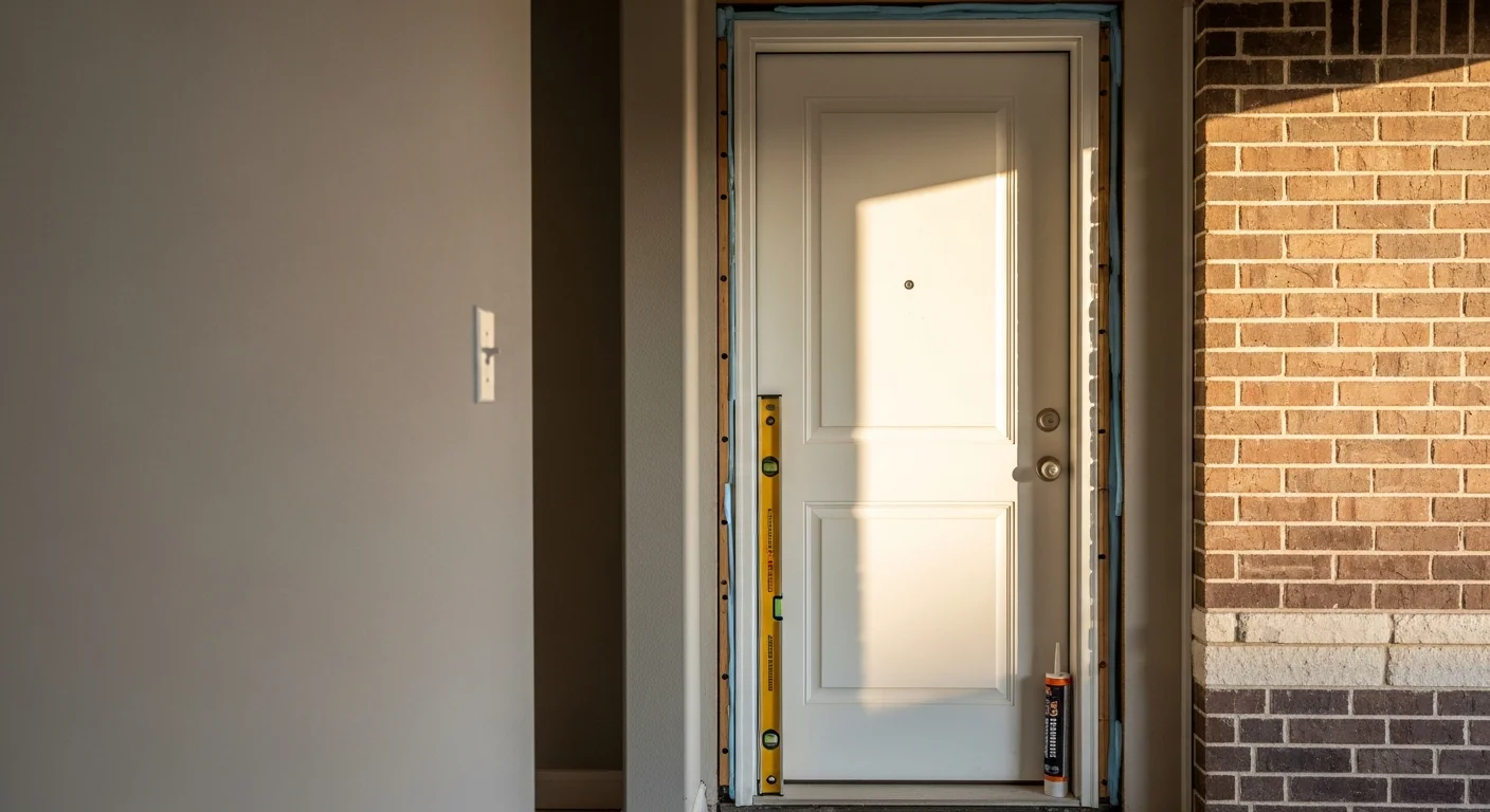 A newly installed entry door on an Austin home, showing a clean frame, tight weatherstripping, and a properly sealed threshold. The exterior view reflects a finished replacement project completed by Windowpros LLC in the Austin area.