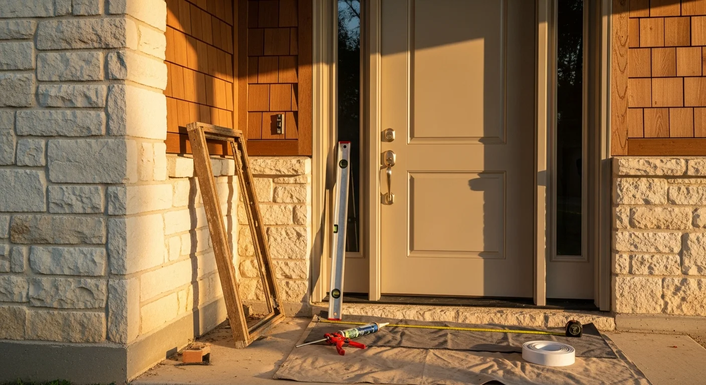 A newly installed exterior entry door on an Austin residential home, showing a clean frame fit, fresh weatherstripping, and a finished threshold at the base of the opening. The surrounding exterior trim is intact with no visible gaps between the door unit and the wall.