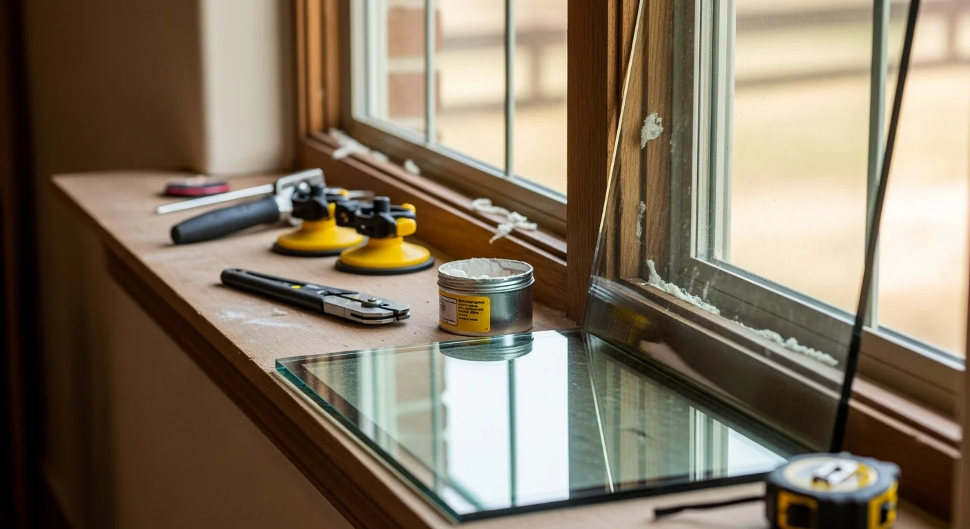 A Windowpros LLC technician installing a new insulated glass unit into a residential window frame at an Austin home. The finished window shows clear, fog-free glass with a clean sealed edge against a Central Texas exterior.