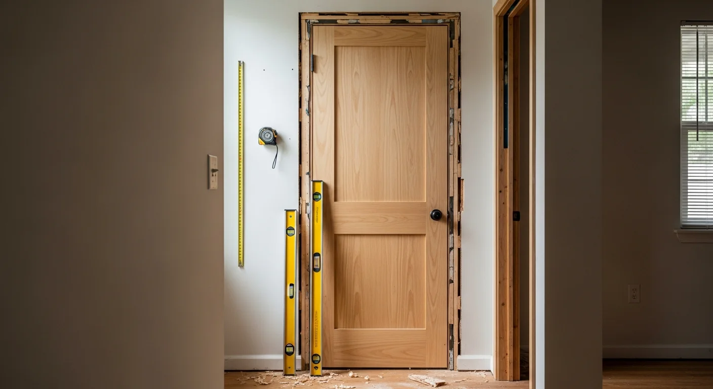 A newly installed interior prehung door with clean white casing fitted into a hallway of an Austin home. The door sits flush in the frame with hardware aligned and no visible gaps at the jamb.