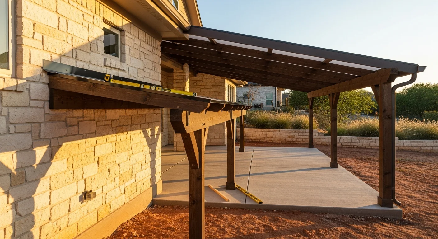 A newly installed attached patio cover on an Austin, Texas home, showing a solid overhead structure extending from the rear roofline over a concrete patio. The cover provides full shade over an outdoor seating area in a residential backyard.