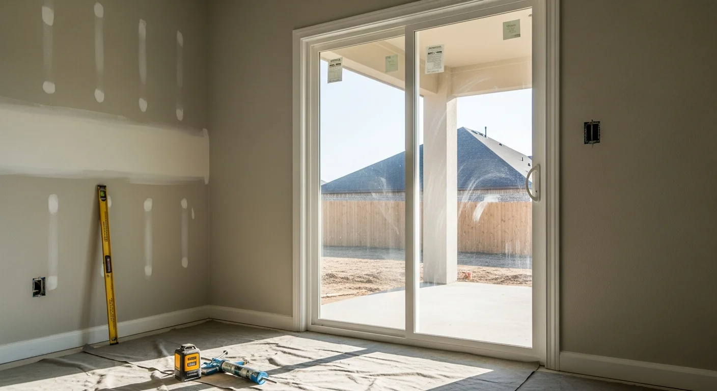 A newly installed sliding patio door on an Austin home, showing a clean frame, clear insulated glass panels, and a smooth track leading to a backyard patio. The installation shows flush trim work and a tight seal around the full door perimeter.