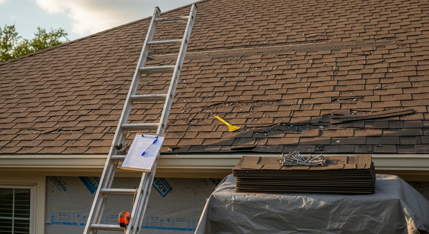 A residential roof on an Austin home showing completed shingle repair work with replaced sections and sealed flashing around a roof vent. The repaired area contrasts with surrounding weathered shingles, set against a clear Central Texas sky.