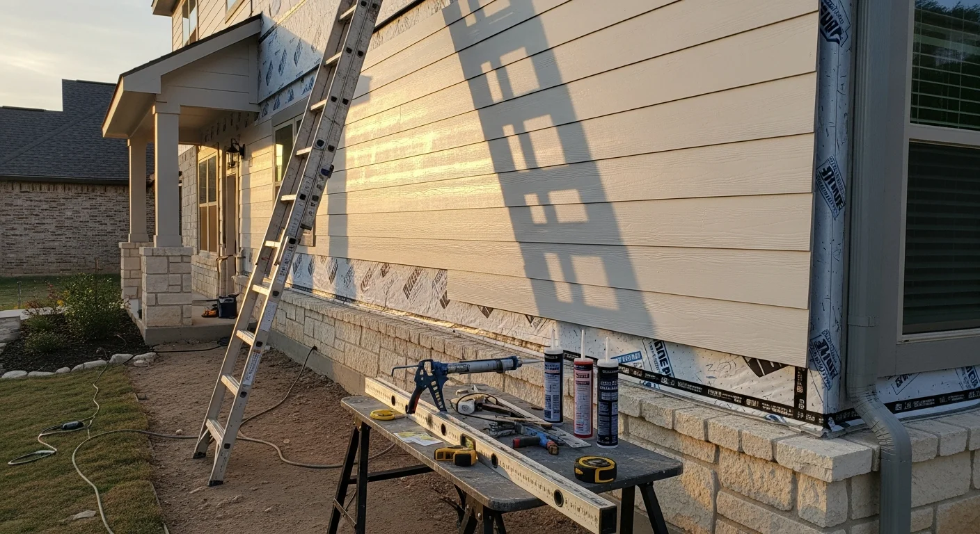 Freshly installed fiber cement siding on a single-story Austin home with a clean trim line and a neutral exterior finish. The installation shows tight panel alignment and sealed seams suited to Central Texas weather conditions.