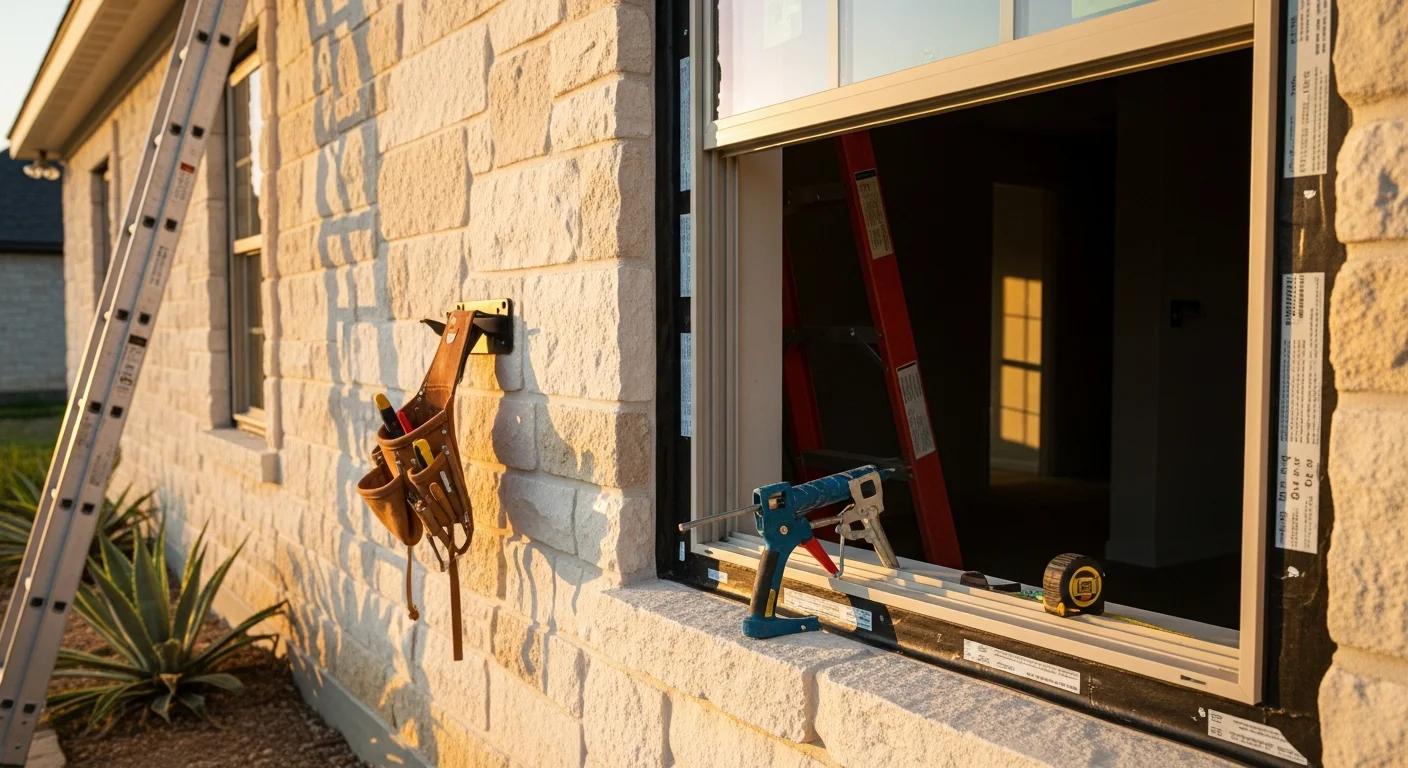 A Windowpros LLC installer fitting a new double-pane window into a residential opening on an Austin home with a brick exterior. The finished window sits flush with the frame, with clean exterior trim visible against the Central Texas afternoon light.