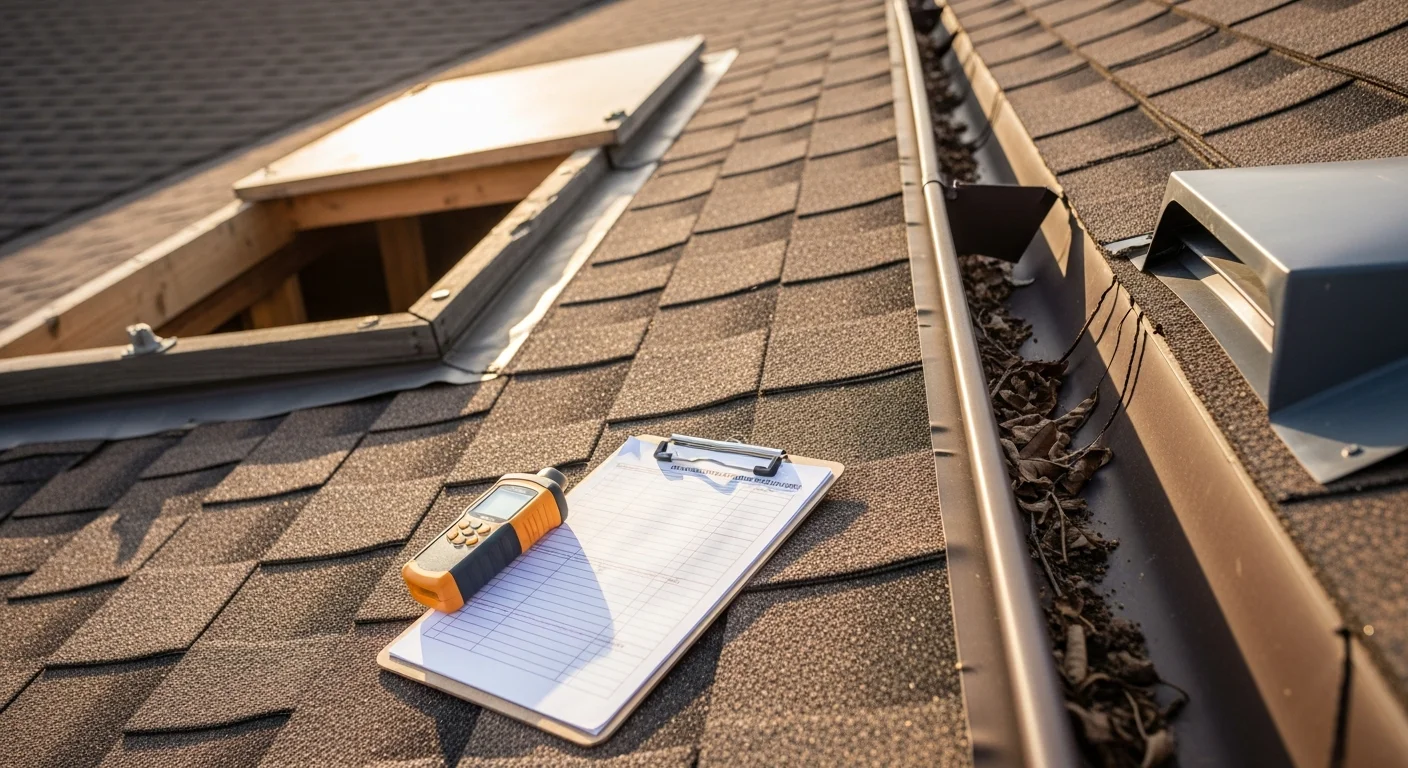 A roofing professional from Windowpros LLC inspecting shingles and flashing on a residential roof in Austin, Texas. Close-up view shows granule loss and impact marks consistent with Central Texas hail damage.