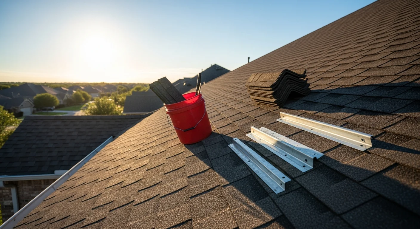 A residential roof in Austin, Texas showing a contractor repairing displaced shingles and resealing flashing after hail and wind storm damage. Close-up view of the repaired roof section with surrounding intact shingles visible.