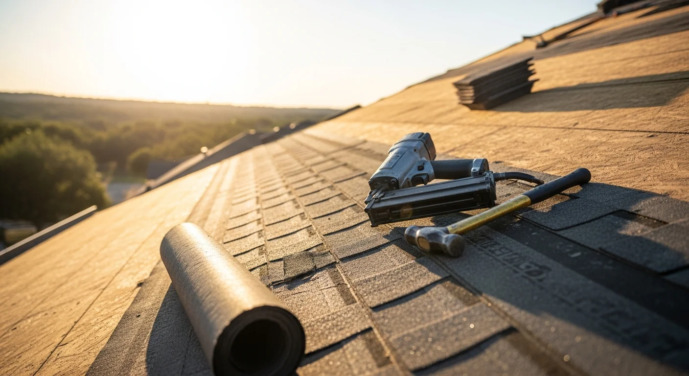 A completed roof replacement on a single-story Austin home, showing new shingles installed across the full roofline under a clear Texas sky. The finished roof shows clean ridge lines and uniform coverage with no visible wear or storm damage.