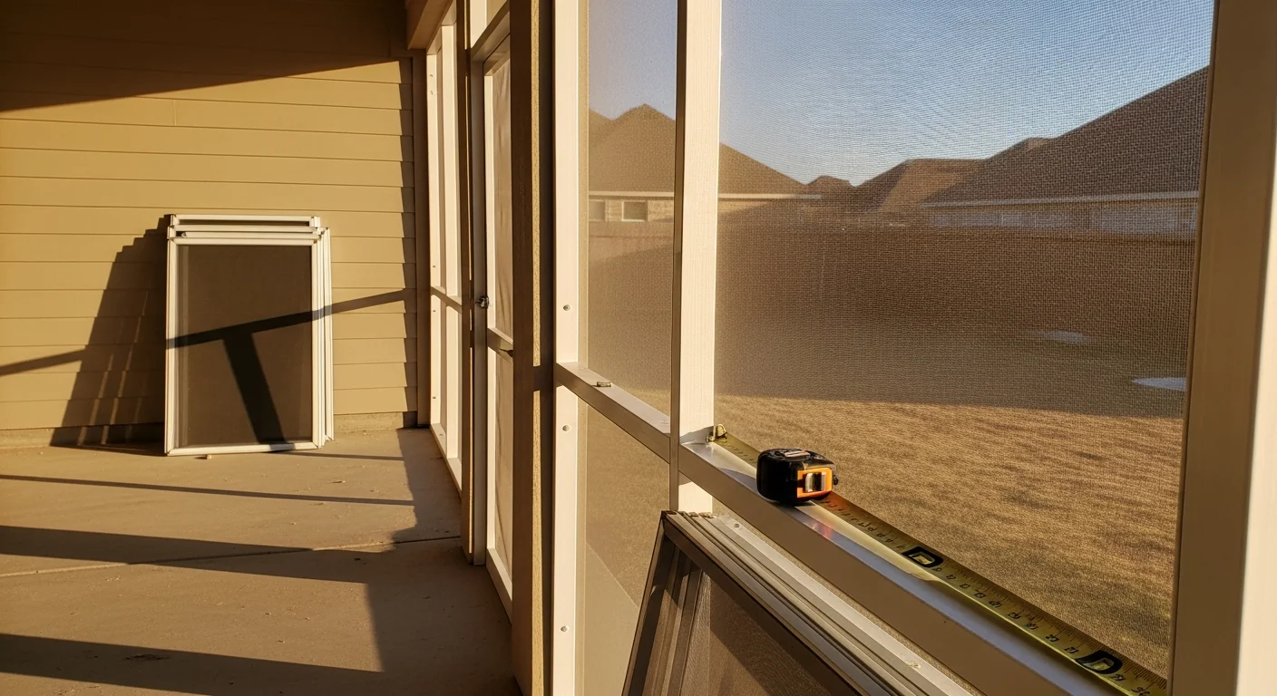 A finished screen room installed by Windowpros LLC on the back of an Austin home, showing aluminum framing, tight insect mesh panels, and a screened door opening to a concrete patio. The enclosed space is shaded and open to the backyard view.