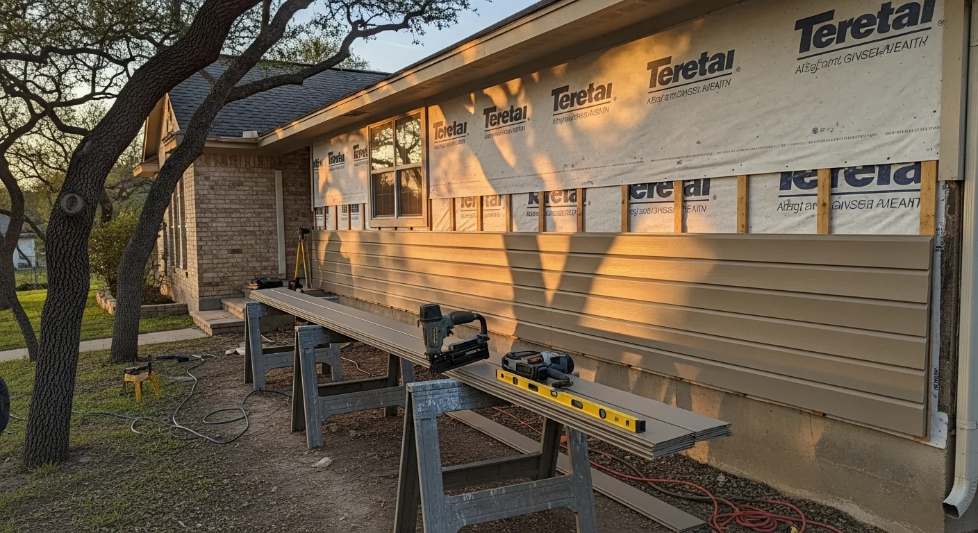 New fiber cement siding installed on a single-story Austin home, showing clean panel lines and a fresh exterior finish. The completed replacement covers the full front elevation, with trim work visible around windows and corners.