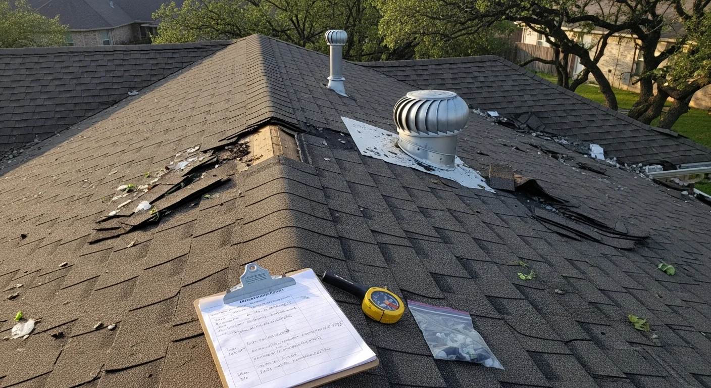 A residential roof in Austin, Texas showing hail impact damage with missing shingles and granule loss on asphalt surfaces. A Windowpros LLC crew member inspects the damaged area from the roof deck.