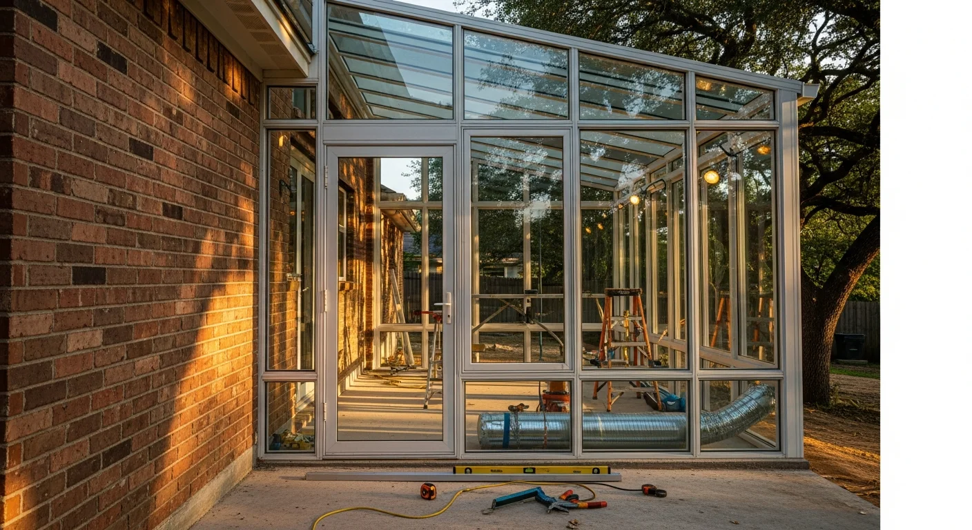 A finished four-season sunroom addition on an Austin home, featuring large glass panels and an insulated roof that opens to a backyard view. The enclosed room is bright and fully connected to the home's interior living space.