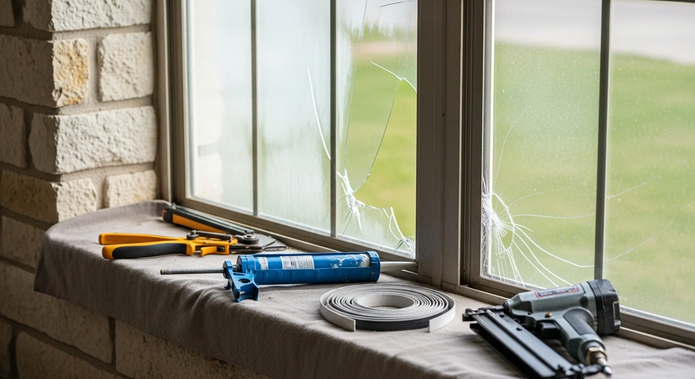 A Windowpros LLC technician inspecting a residential window frame on an Austin home, with repaired clear glass replacing a previously fogged double-pane unit. Close-up view shows a clean, properly sealed window sash on a single-story Central Texas home exterior.